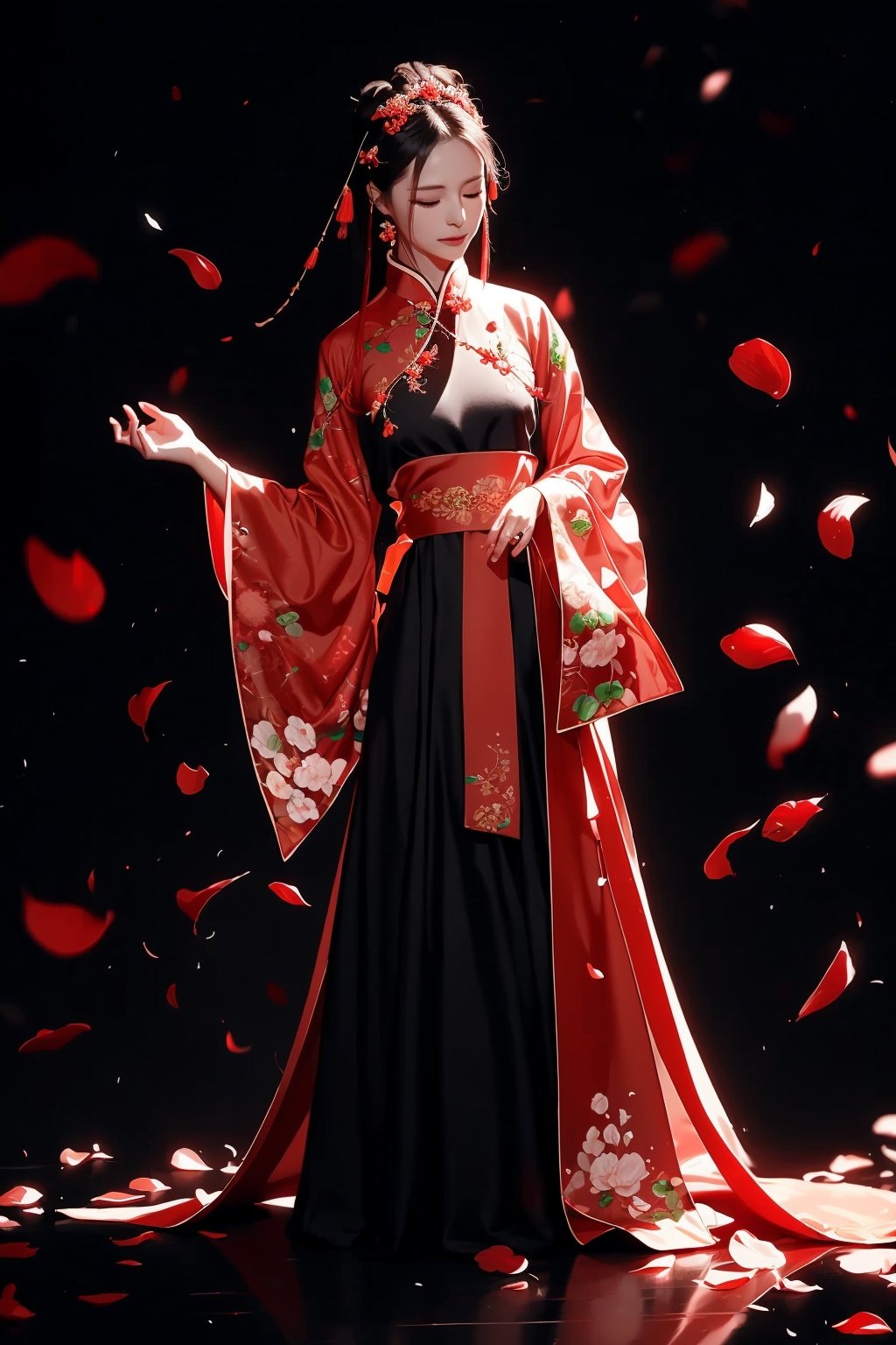 best quality,
1girl, solo, petals, closed eyes, hair ornament, dress, jewelry, black background, full body, black hair, long sleeves, red dress, sash, earrings, chinese clothes, floating hair, simple background, standing, closed mouth, hanfu
rackanimal,black background,