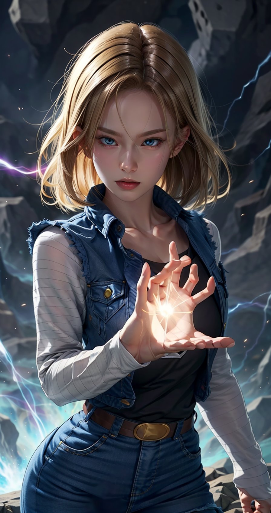 Detailed, daylight,  power aura, perfect hand, shining hair, kamehame, Android_18_DB