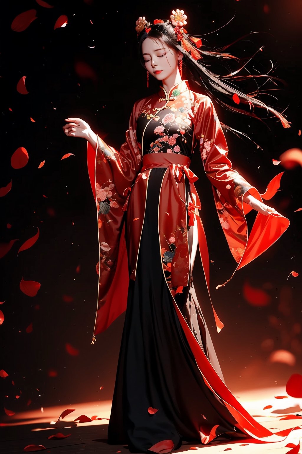 best quality,
1girl, solo, petals, closed eyes, hair ornament, dress, jewelry, black background, full body, black hair, long sleeves, red dress, sash, earrings, chinese clothes, floating hair, simple background, standing, closed mouth, hanfu
rackanimal,black background,