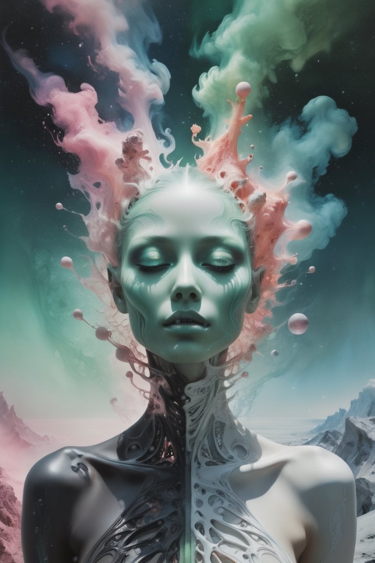 transformation of innocent beautiful woman into a grim alien queen,  dreamscape in your mind,  Double exposure effect of f...
