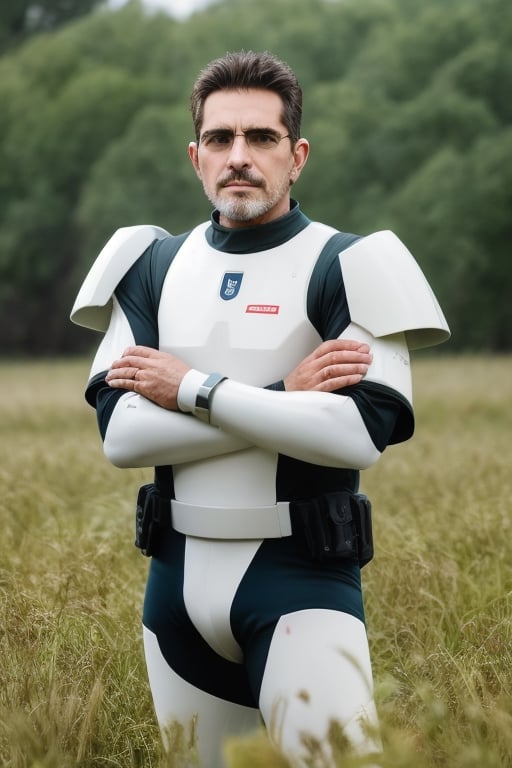 detailed cinematic photograph of a tall helmetless Stormtrooper, he has no helmet on, standing in tall dandelion grass | film grain, Canon R5, telephoto lens, bold and vibrant,face,real,StokeRealV1