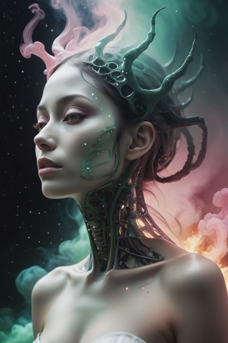 transformation of innocent beautiful woman into a grim alien queen,  dreamscape in your mind,  Double exposure effect of f...