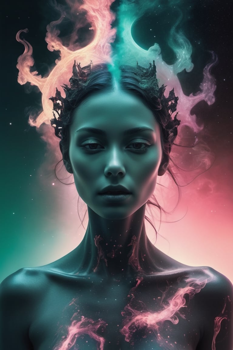 transformation of innocent beautiful woman into a grim alien queen,  dreamscape in your mind,  Double exposure effect of f...