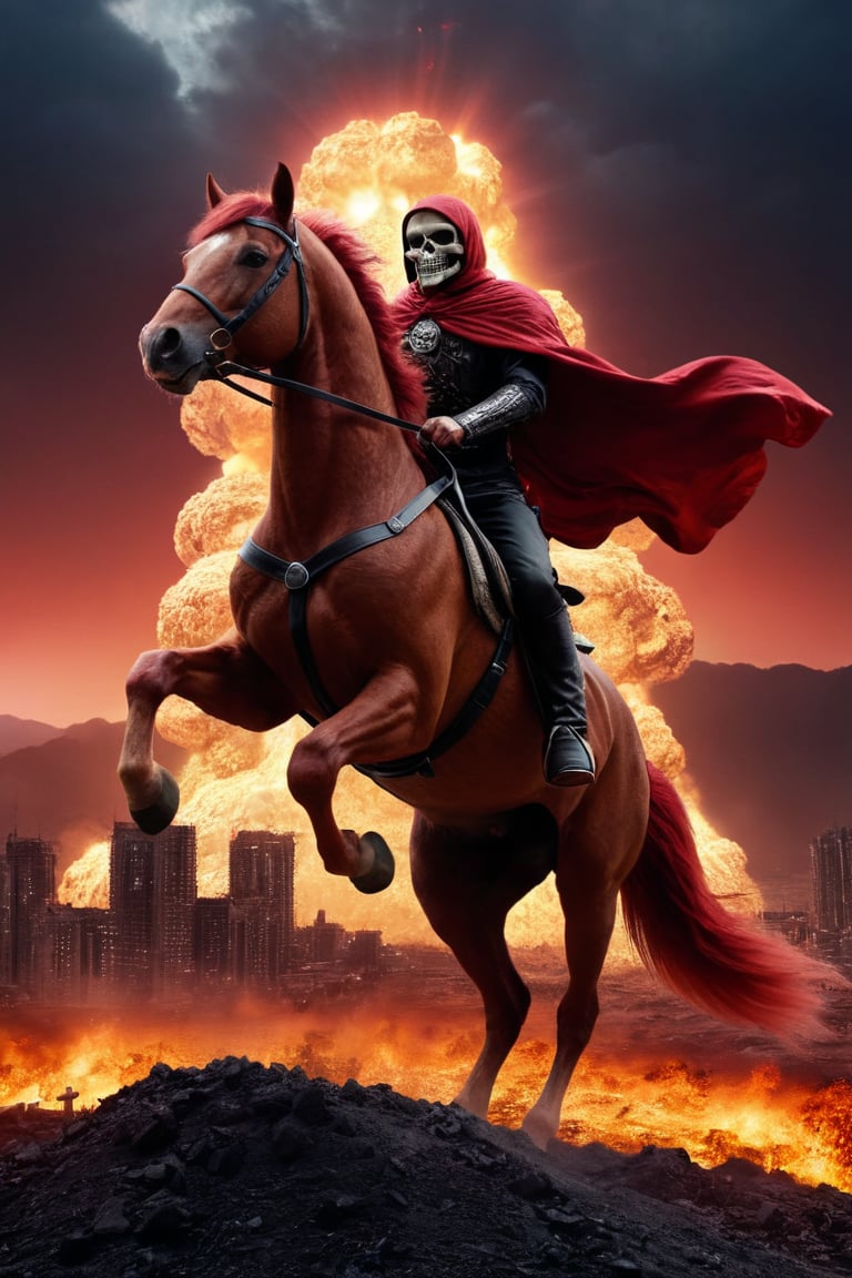 War incarnate riding a red horse emerging from atomic blast city, cloaked skeleton wielding fiery sword, (horse has crimson tail and mane:1.2), towering nuclear mushroom cloud background, | Ultra-detailed photography, high contrast, eerie glow, foreboding atmosphere