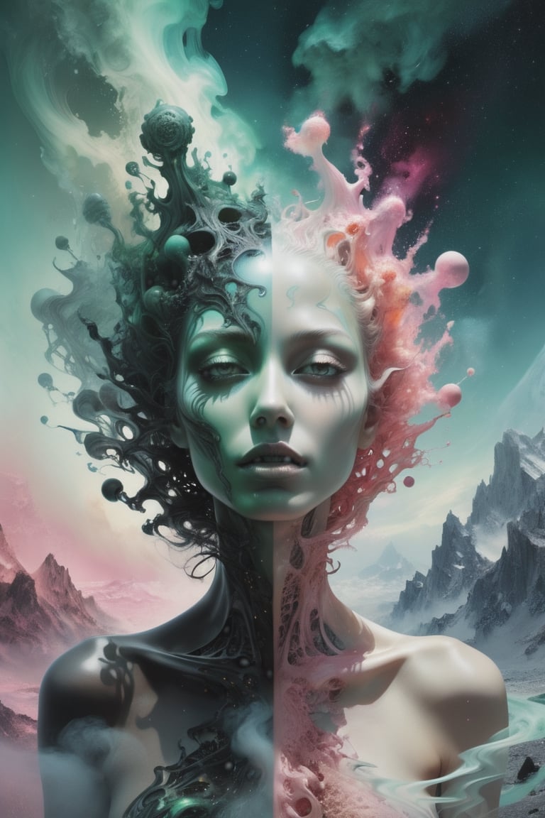 transformation of innocent beautiful woman into a grim alien queen,  dreamscape in your mind,  Double exposure effect of f...