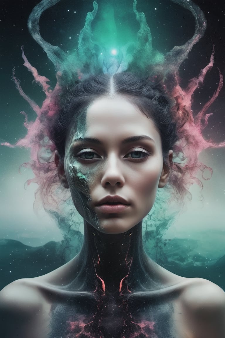 transformation of innocent beautiful woman into a grim alien queen,  dreamscape in your mind,  Double exposure effect of f...