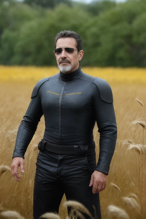 detailed cinematic photograph of a tall helmetless Stormtrooper,  he has no helmet on,  standing in tall dandelion grass |...