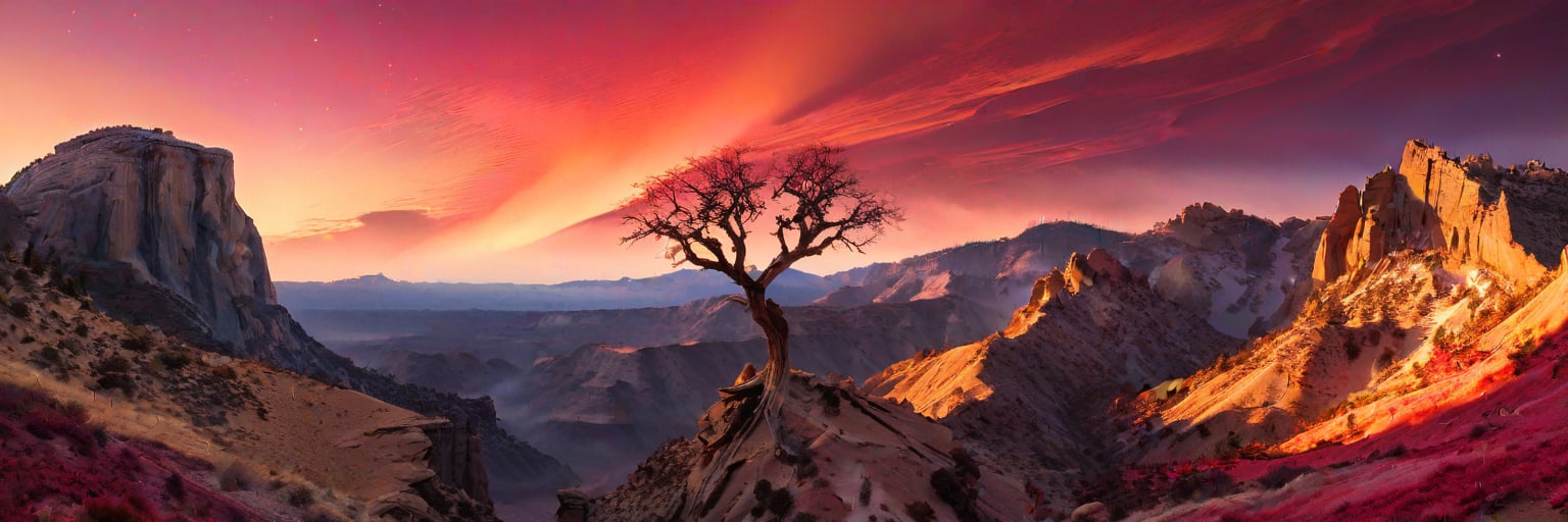 Majestic extraterrestrial terrain stretches across the frame, bathed in a warm, golden light that casts long shadows on the eerie rock formations. A lone, glowing tree stands sentinel against the crimson sky, while wispy tendrils of mist dance in the foreground. The composition is divided by a diagonal ridgeline, drawing the viewer's eye to the horizon where stars twinkle like diamonds.