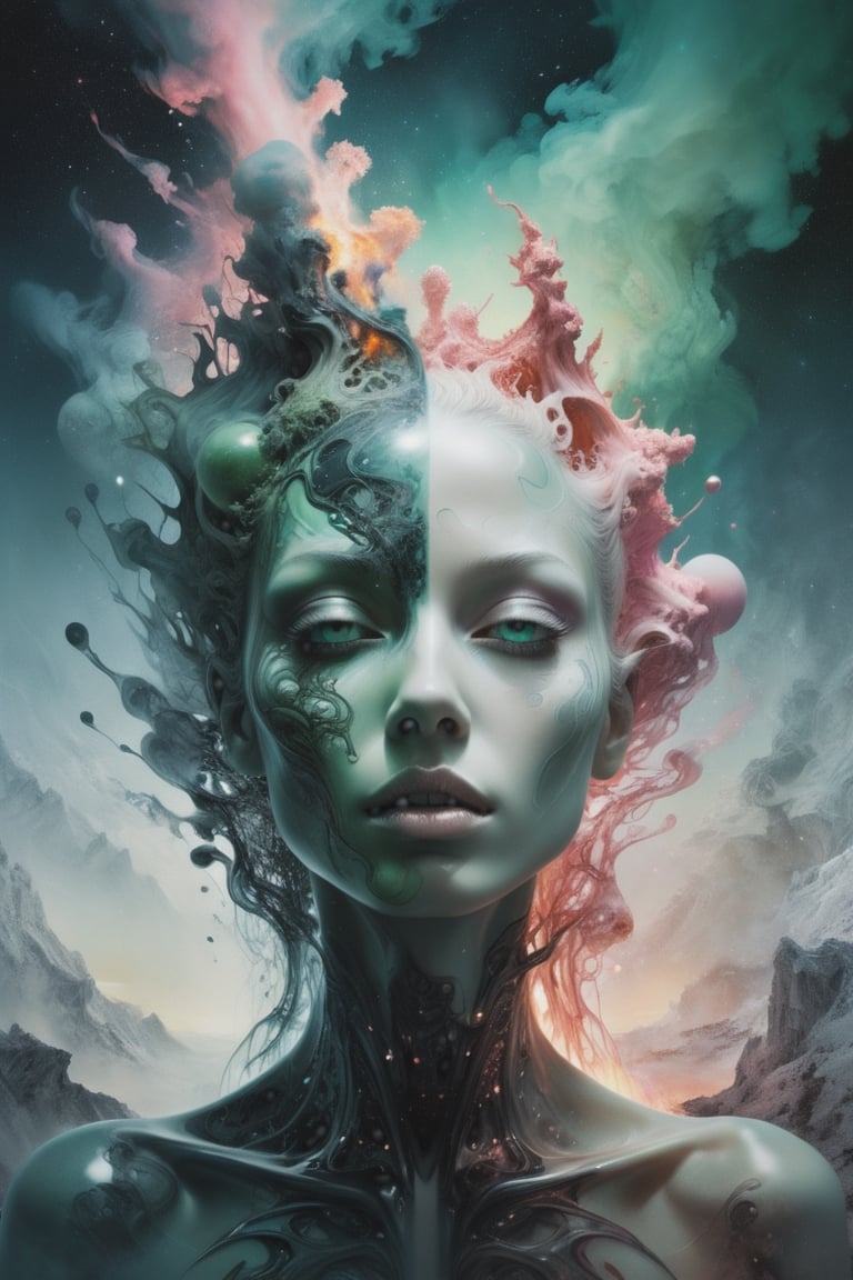 transformation of innocent beautiful woman into a grim alien queen,  dreamscape in your mind,  Double exposure effect of f...