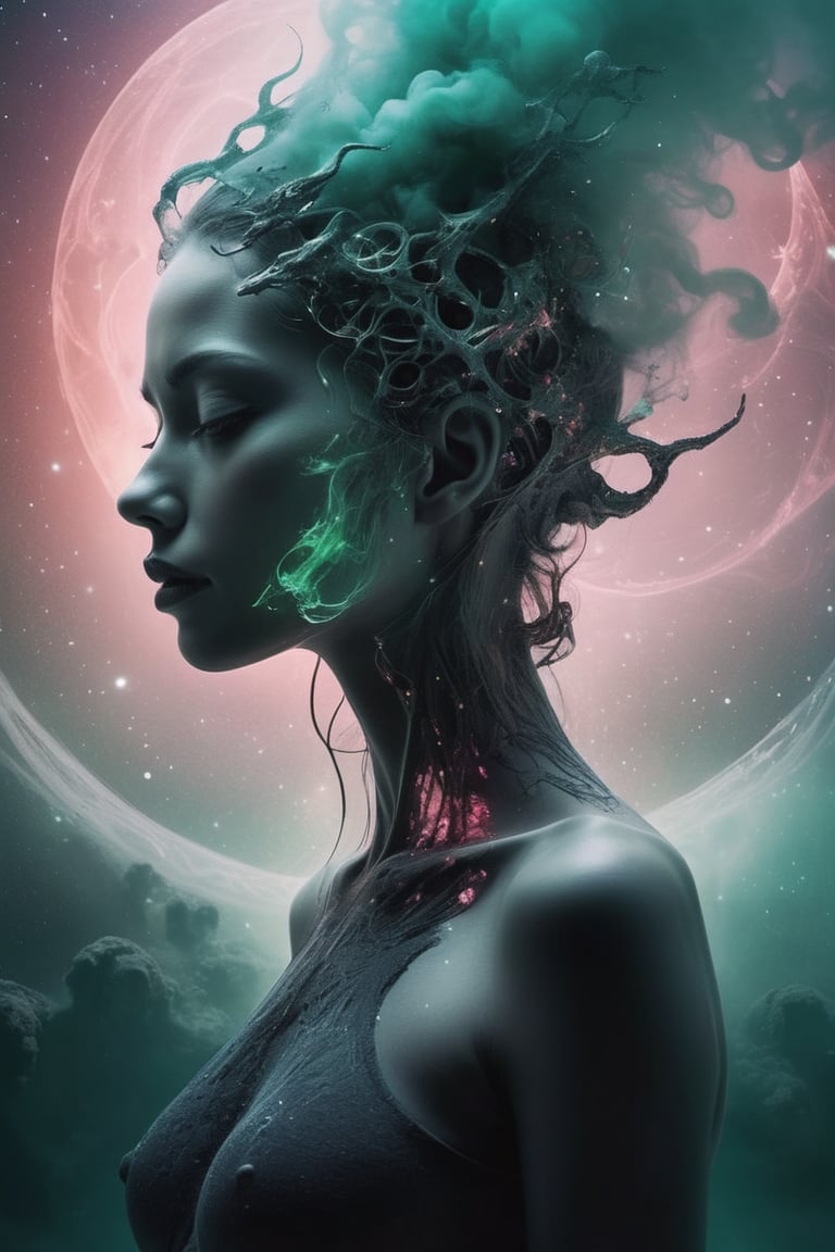 transformation of innocent beautiful woman into a grim alien queen,  dreamscape in your mind,  Double exposure effect of f...