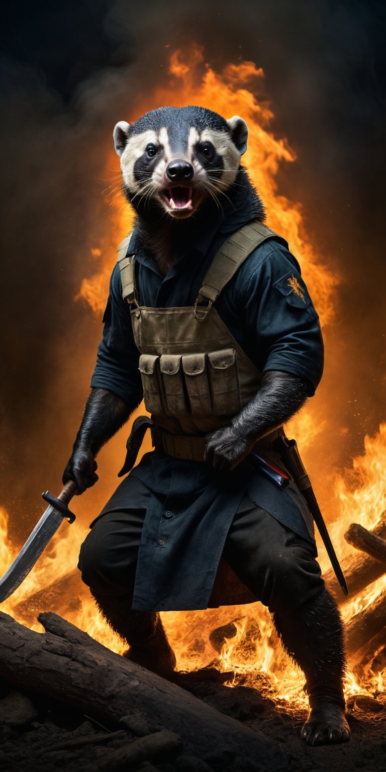 Award-winning photographer captures a hauntingly realistic image of a fierce honey badger, its snarling face illuminated by the (faint glow of a fire:1.2). Holding a machette,  Framed against a dark, battleground background, dressed as a (mercenary:1.3), textured fabrics and weapons, his menacing gaze seems to pierce through the shadows. Vietnam Era-inspired textures bring realism to its clothes and skin, while an eerie stillness in the air hints at a battle-scarred past.