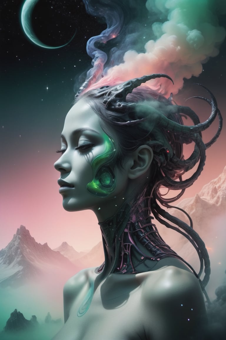 transformation of innocent beautiful woman into a grim alien queen,  dreamscape in your mind,  Double exposure effect of f...