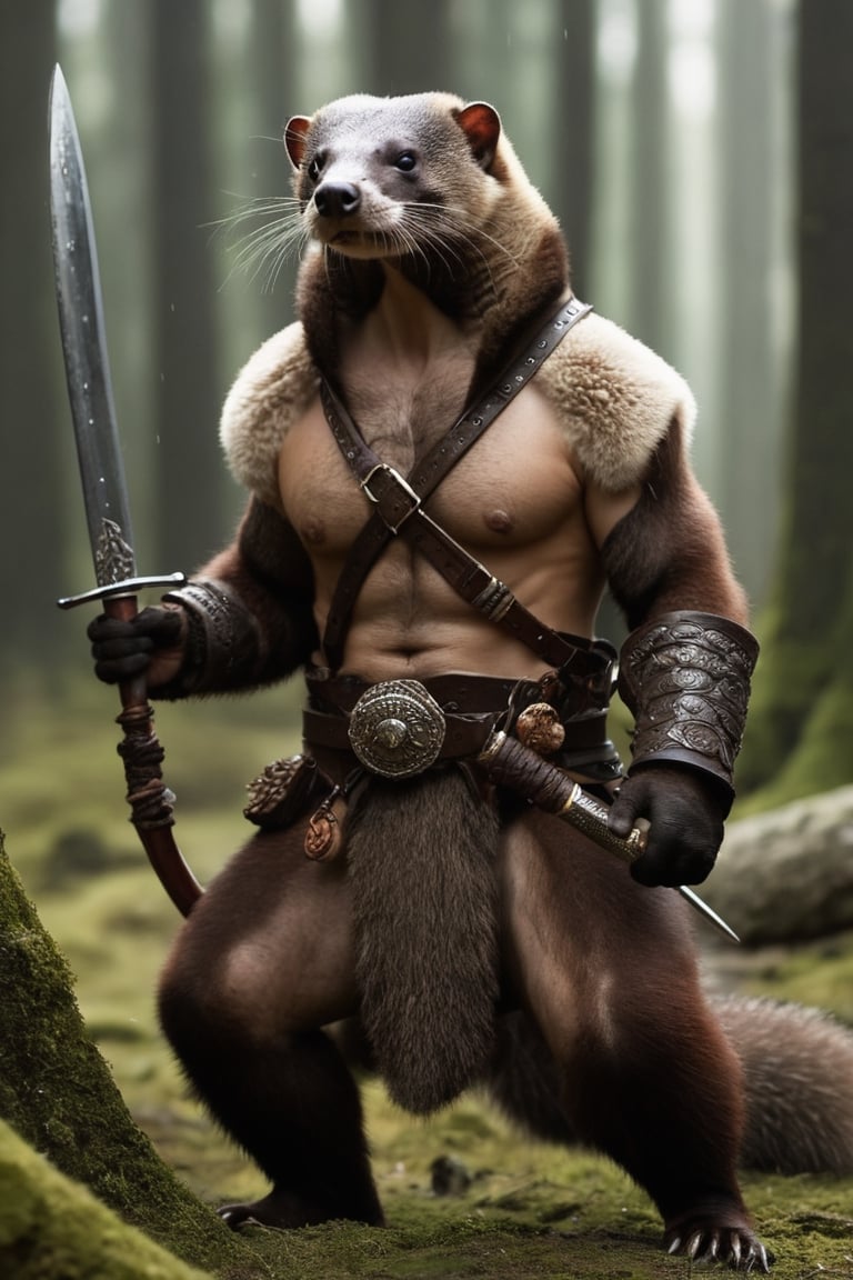 anthro (man:1.0) (Gulo Mustelidae:1.2) merge, | fierce, fearsome warrior | fantasy adventure setting,| RAW photo,