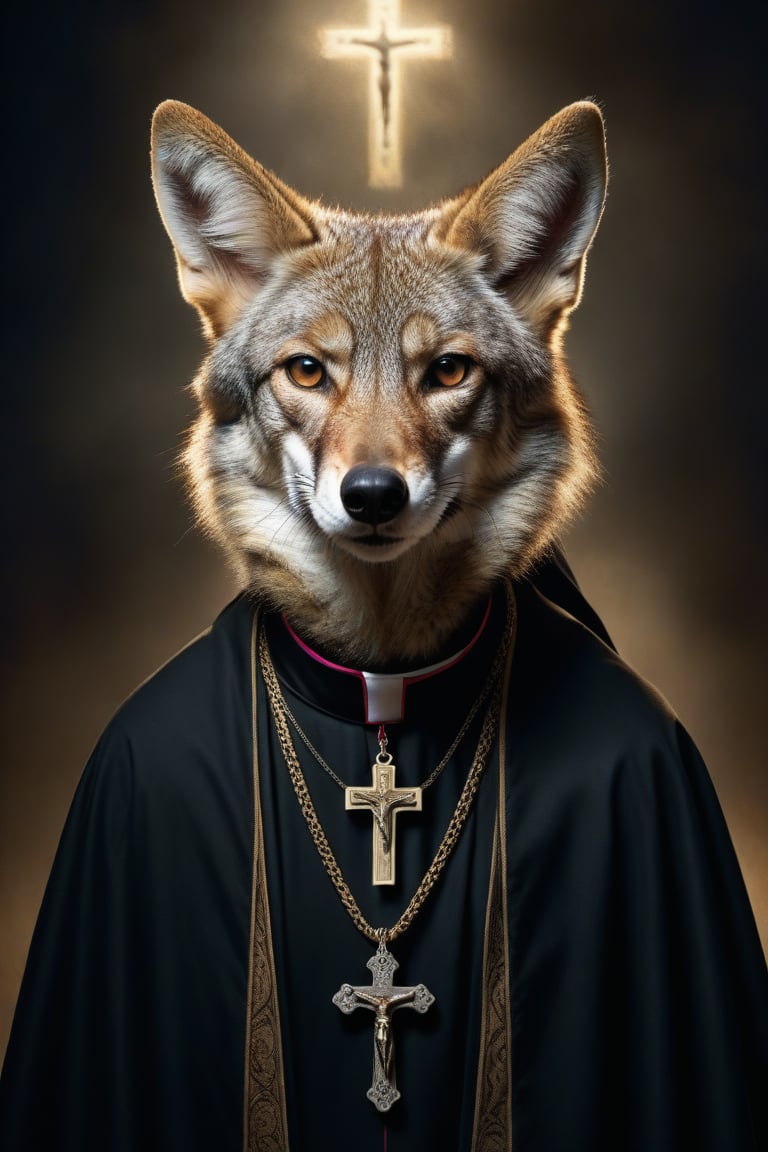 Award-winning photographer captures a hauntingly realistic image of a fierce coyote, its snarling face illuminated by the (faint glow of a crucifix:1.2). Framed against a dark, ominous background, dressed as a (priest:1.3), luxurious fabrics and fur trims, his menacing gaze seems to pierce through the shadows. Victorian Era-inspired textures bring realism to its fur and skin, while an eerie stillness in the air hints at a battle-scarred past.