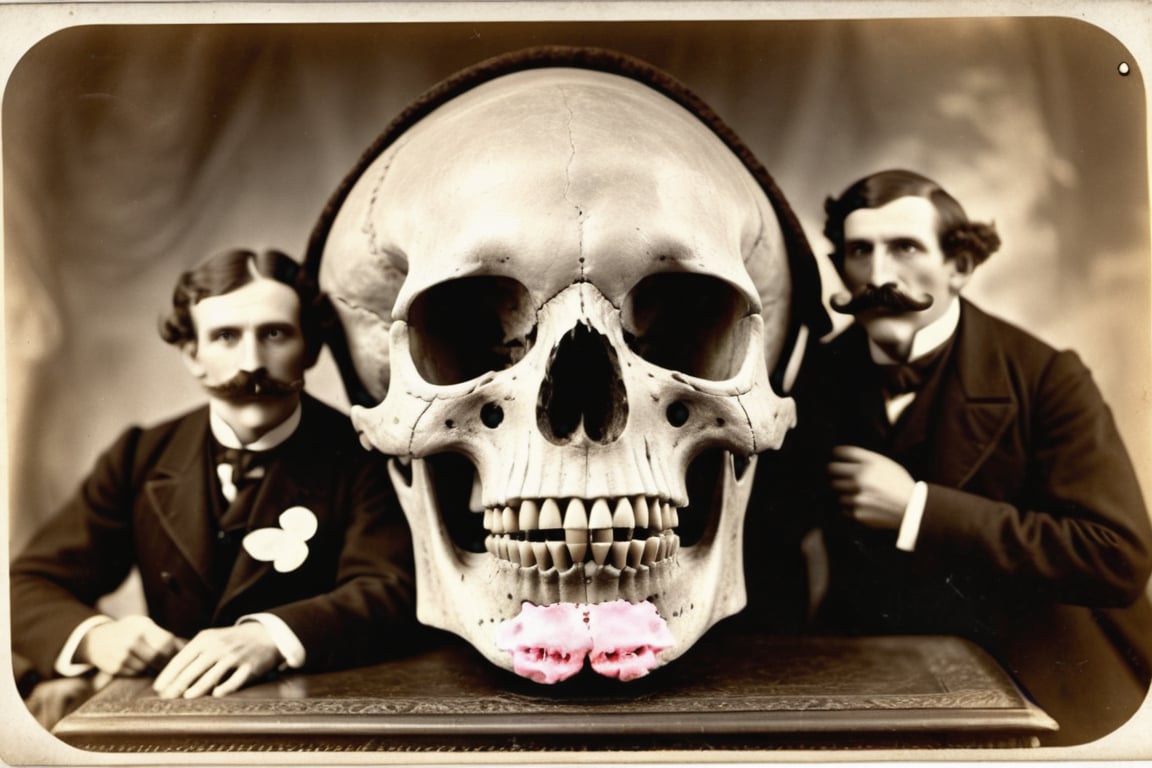 Vintage sepia postcard of victorian gentlemen with large moustaches uncovering a huge giants skull, skull looks human but is very large, | detailed tintype photograph, award winning