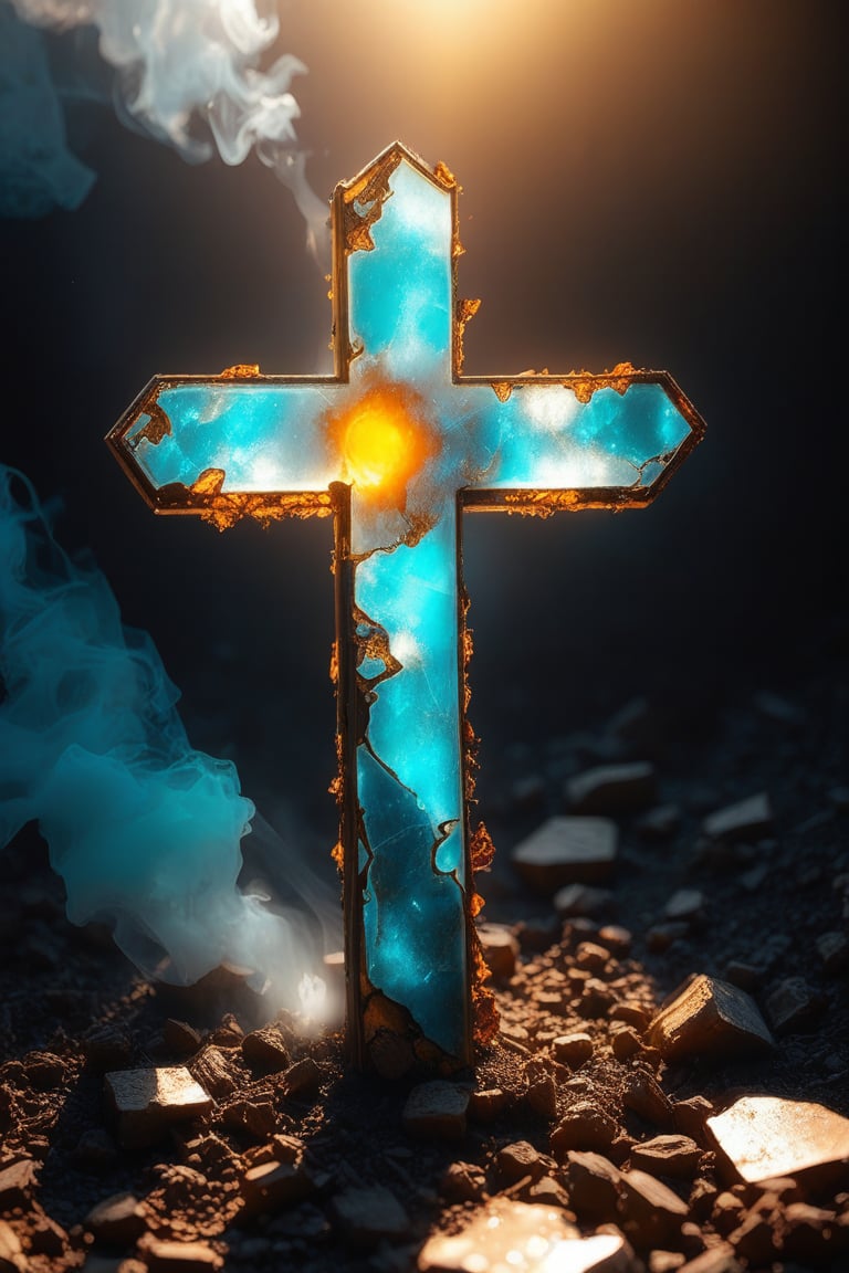 a buried broken opal cross glazed by the sun emitting smoke, backlit, forgotten, atmospheric AF, detailed, 8k ,
detailmaximizer,gaming, magic silver frame, bronze object