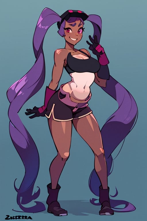 (uncesored, solo, 1girl, Entrapta_Shera,  smile, LONG HAIR, TWINTAILS, PURPLE HAIR, DARK SKIN, black tank top, shorts, Breasts cup B), looking at viewer, good hands, full body, nice body, sexy body, 18 year old girl's body, (((suggestive pose))), ((lust))