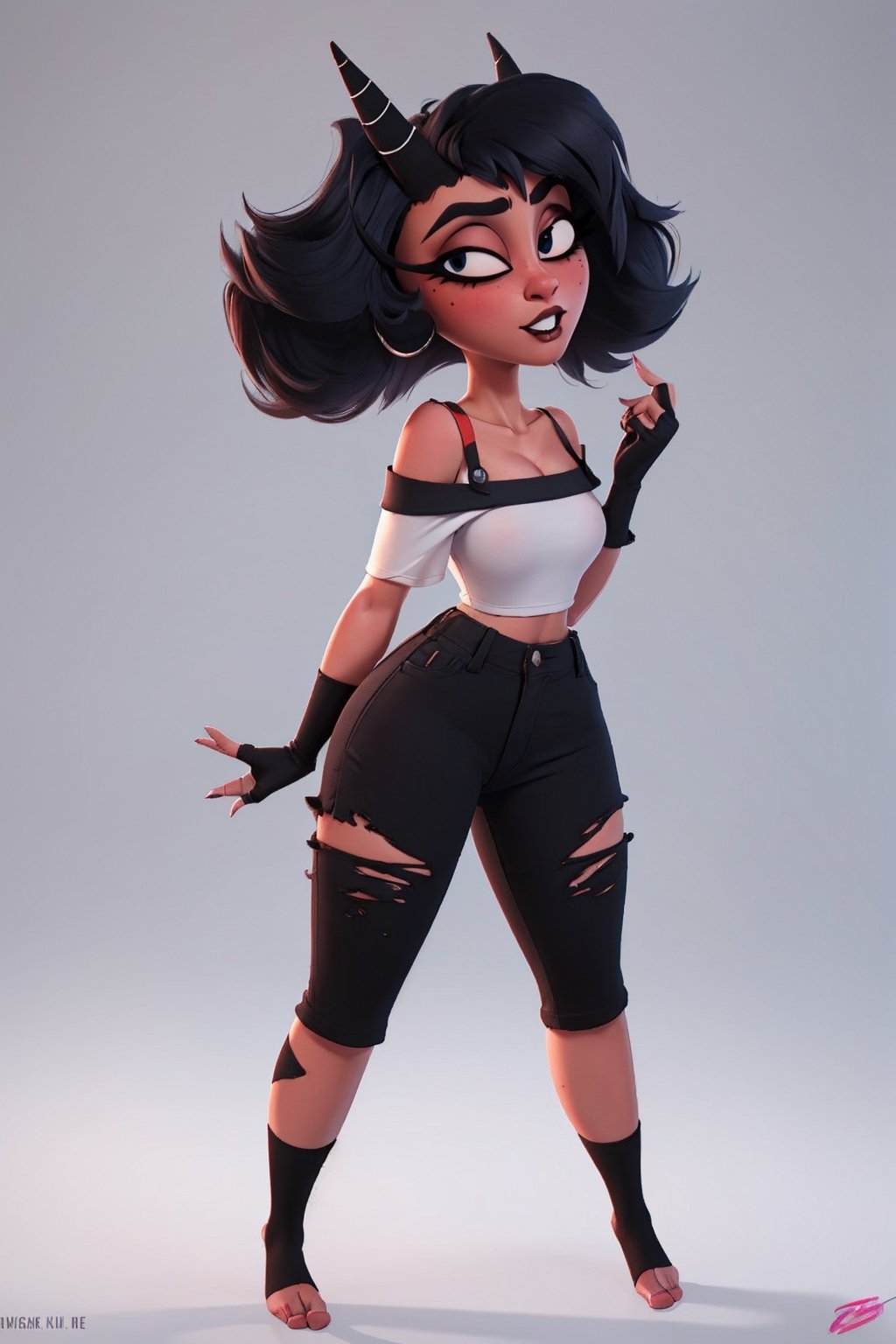 (Shadman, hbmillie, underground clothes, street clothes, off-shoulder shirt, fingerless gloves, white background, pretty), Breasts cup B, good hands, full body, looking at the camera, nice body, 18 year old girl's body, sexy body, sexy position