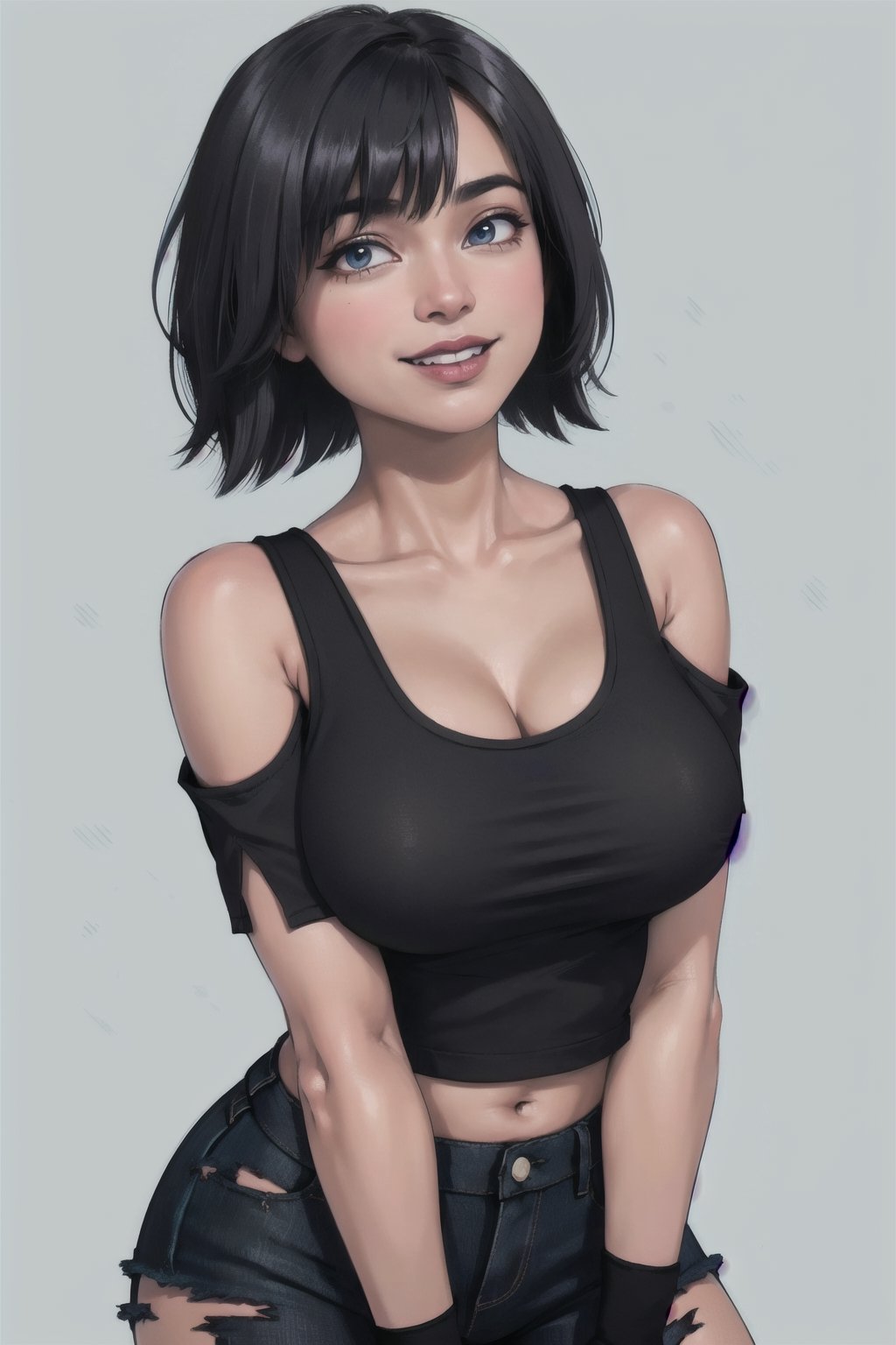 (hbmillie, seductive, brown skin, bob cut) close-up, smile, large breast, (black tank top, torn clothes, fingerless gloves), (pastel blue background)