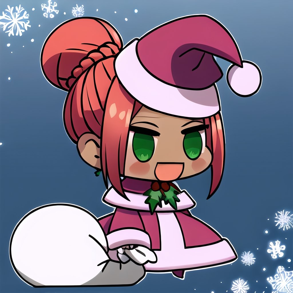 ,  Padoru_Meme, 1girl, blush, smile, open mouth, red hair, dark skin, side swept bangs, freckles, long hair, wavy hair, long sleeves, dress, holding, green eyes, braid, :d, hair bun, pink dress, single hair bun, pink headwear, meme, holding sack, snow background ,Padoru_Meme