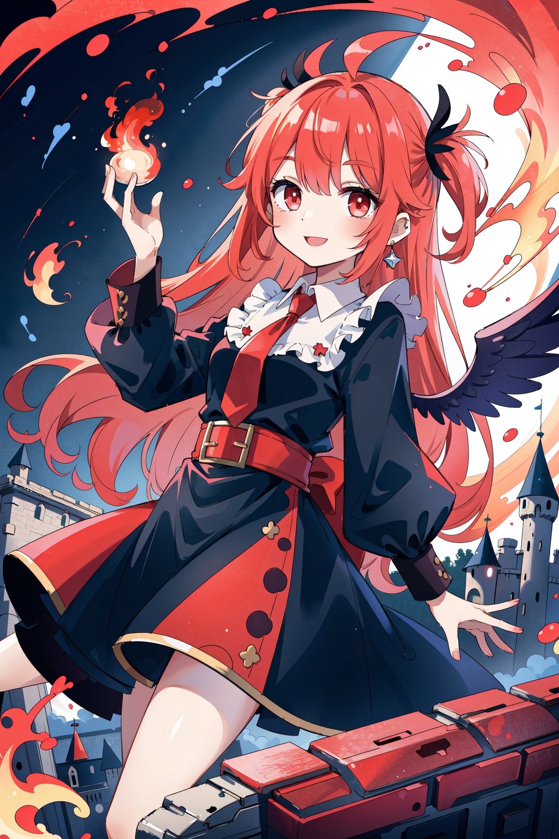 (masterpiece, best quality, highres:1.3), ultra resolution image, (1girl), (solo), red hair, fallen angel, wings, castle, vivid color, castle burning, fantasy, flames, playful smile