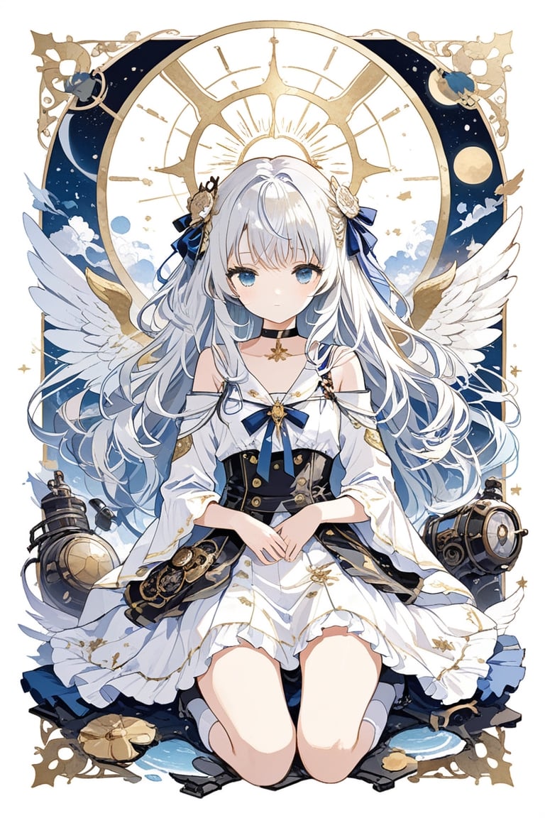 Steelpunk, Danube school ,1girl, angel, white hair, long curly hair, (two side up), blue eyes, two blue ribbons on her hair, (Double golden halo on her head), choker, angel wings,ahoge,, illustration, Sitting, hugging knees to chest, , , masterpiece, best quality, aesthetic, Create a vintage advertisement, with retro design elements, classic typography, and a nostalgic atmosphere. ,