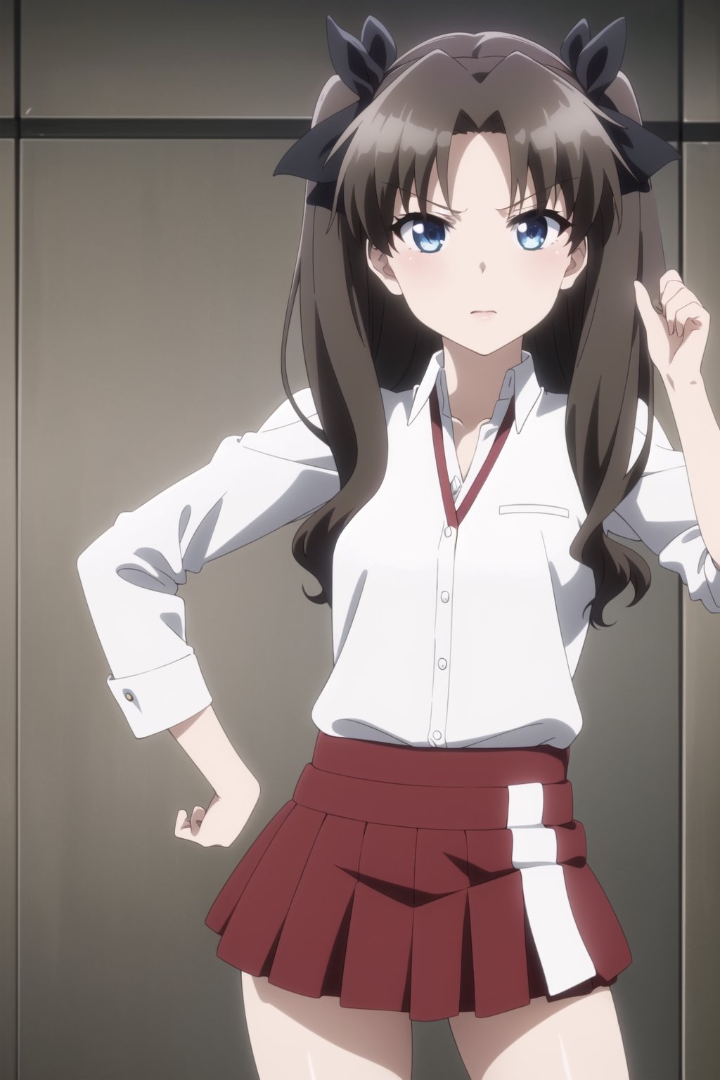 fine anime screencap, anime screencap, cowboy_shot, blank_background, ((Rin R-18)), standings, hand, hand on hips,rin tohsaka