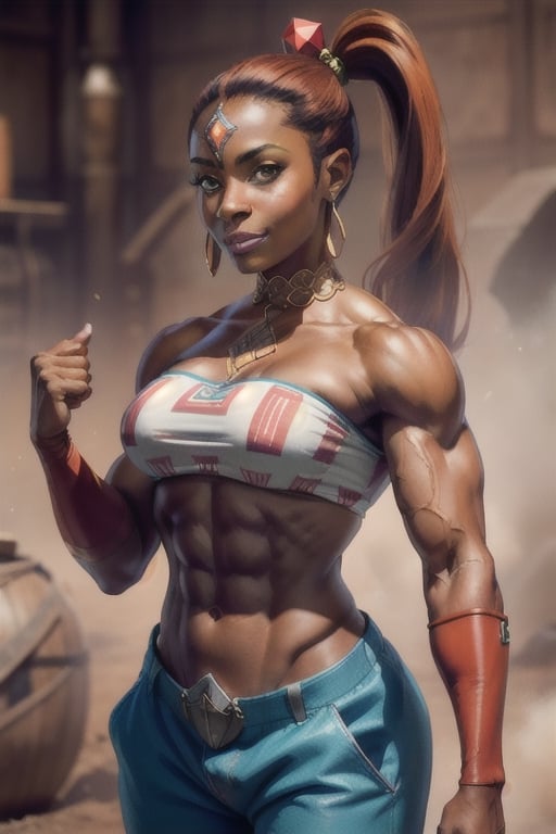 Nabooru_Zelda, 1woman, pants, dark skin, long pony tail, (muscular:1.15), (abs:1.15), (bices:1.15), large breasts, smirking, looking at viewer, cowboy shot