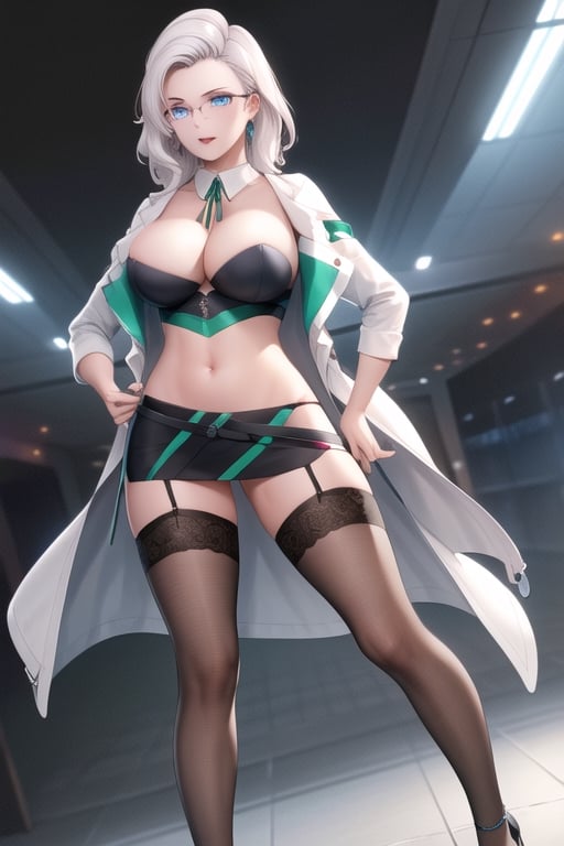 lilysub, blue eyes, white hair, glowing eyes, semi-rimless eyewear, neck ribbon, open labcoat, large breasts, cleavage, black crop tube top, black side slit miniskirt, garter straps, high heels, mole under eye