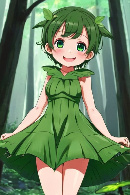 Tiny forest pixie in a dress made from a leaf, shy smile, cute, by artist "anime", Anime Key Visual, Japanese Manga, Pixiv, Zerochan, Anime art, Fantia