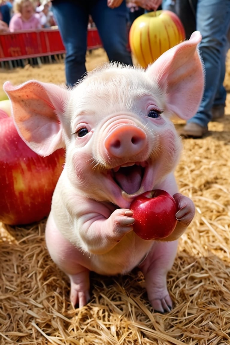 a cute 10 week old piglet,  white,  eating a toffee apple at the fair by Ravishastri on Tensor.Art