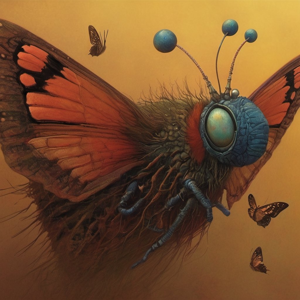 An extreme macroscopic close up of a butterflies mouth,  face and body and wings,  sporadic hairs by Ravishastri on Tensor...