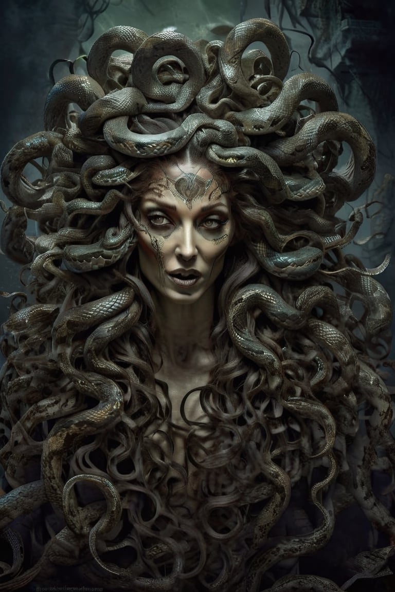 "Produce a captivating digital artwork where Medusa's hair consists entirely of individual snakes,  each culminating with...