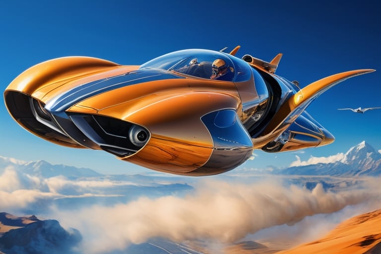 Create a visionary flying car that pushes the boundaries of design and technology. The machine is soaring above stunning l...
