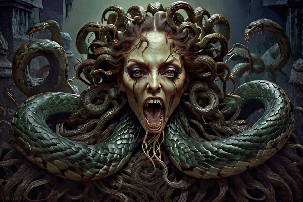 "Produce a captivating digital artwork where Medusa's hair consists entirely of individual snakes,  each culminating with...