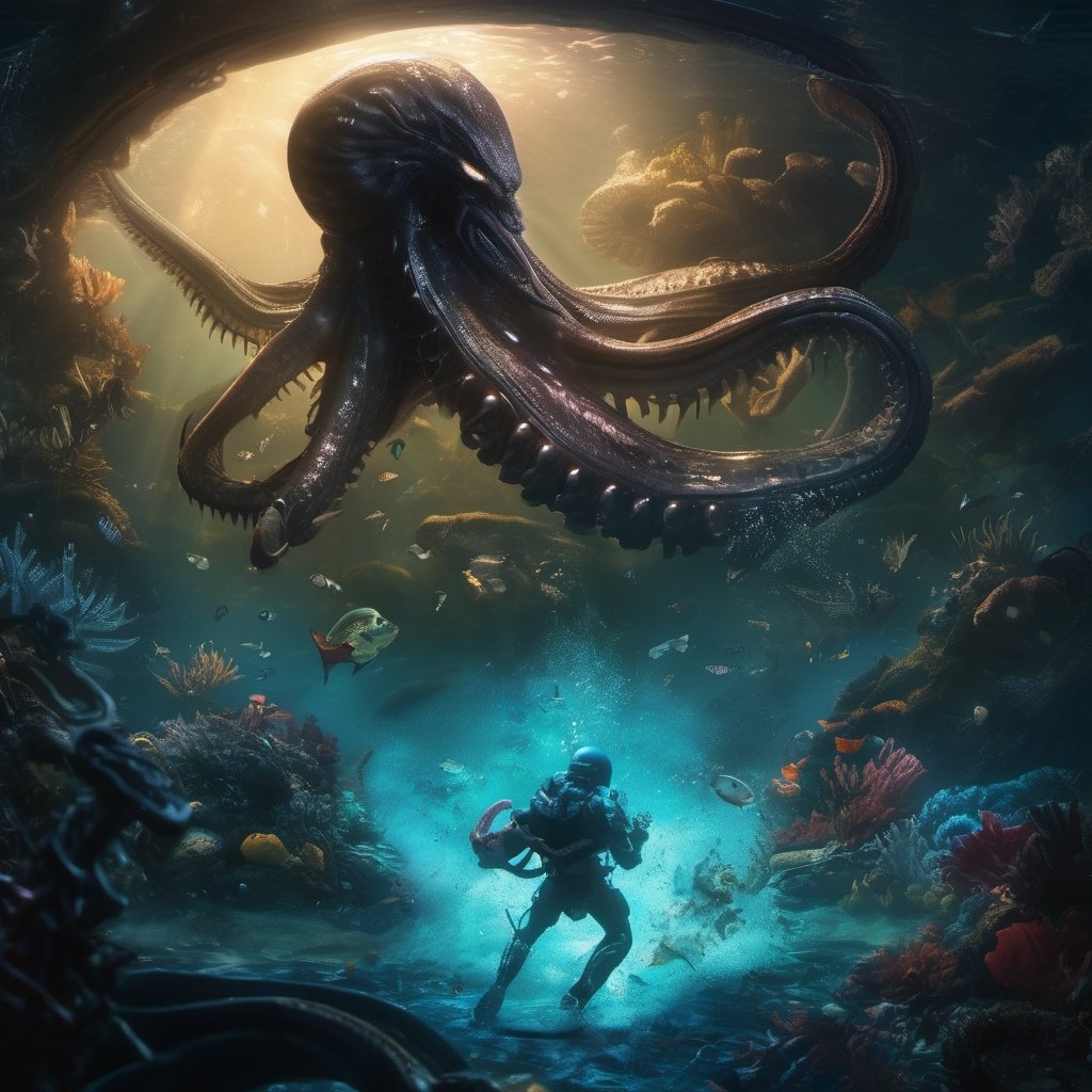 an alien xenomorph launches itself at a nearby giant octopus, black shiny carapace, tentacles, motion blur, underwater scene, 