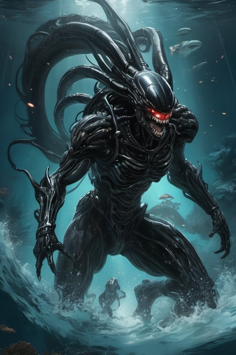 an alien xenomorph launches itself at a nearby victim,  black shiny carapace,  drool by Ravishastri on Tensor.Art