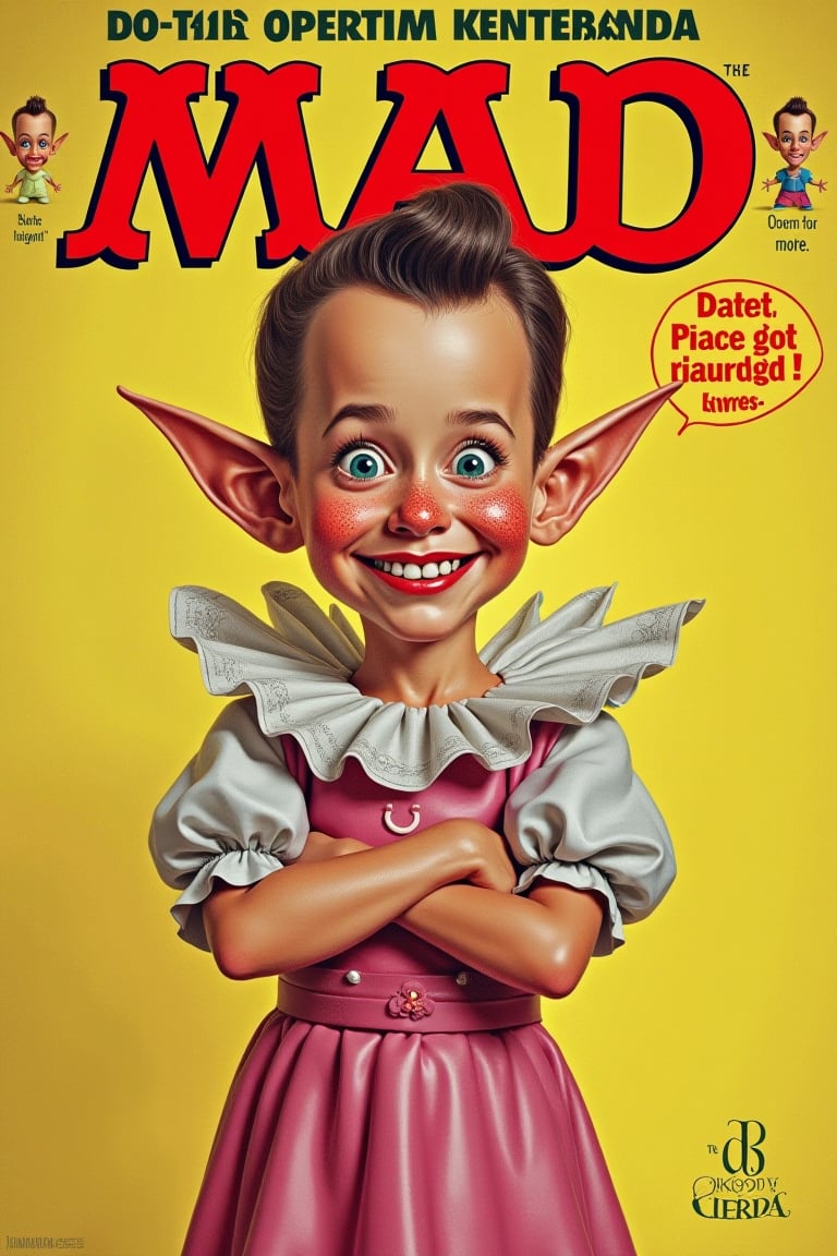 Mad magazine cover featuring alfred e neuman, freckled face, large ears, typical pose with gap in teeth, dressed as a dcrag queen, doing some weird thing that is funny and stupid