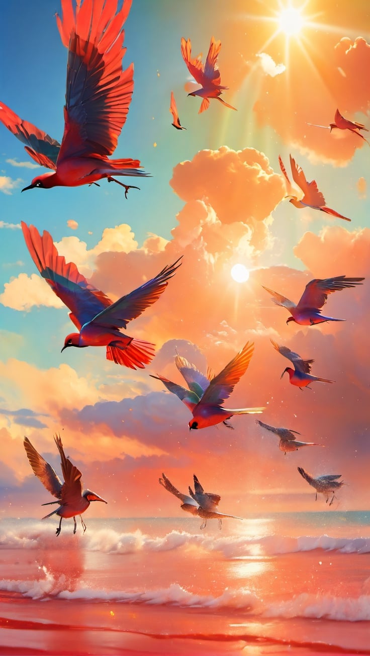 a masterpiece, a red hot sun , heating up atropical blue green beach atmosphere, birds flying in the sky, a bright red sun, 4k, ,artint,action shot,FieldSauce,painted world