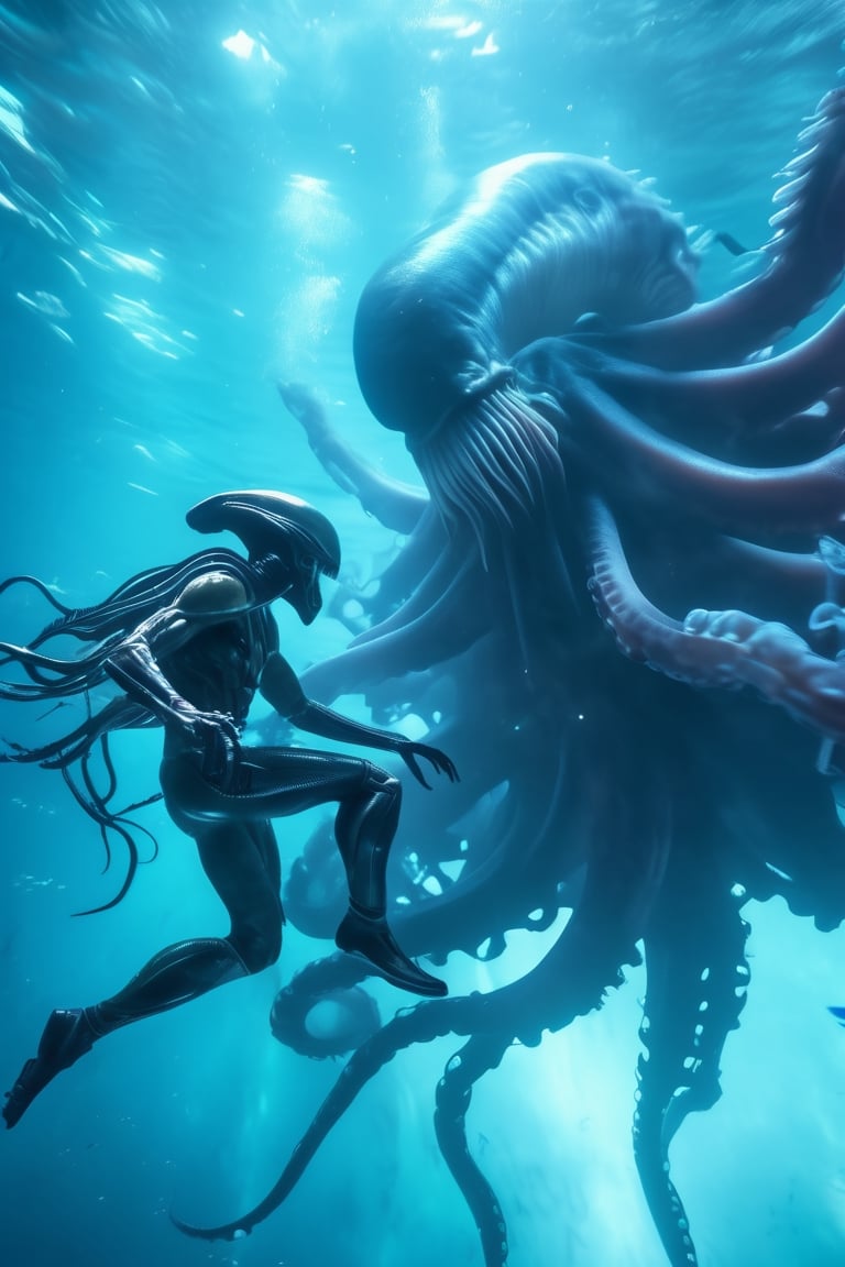 an alien xenomorph launches itself at a nearby victim, a giant octopus, motion blur, underwater scene, cinematic wide shot,