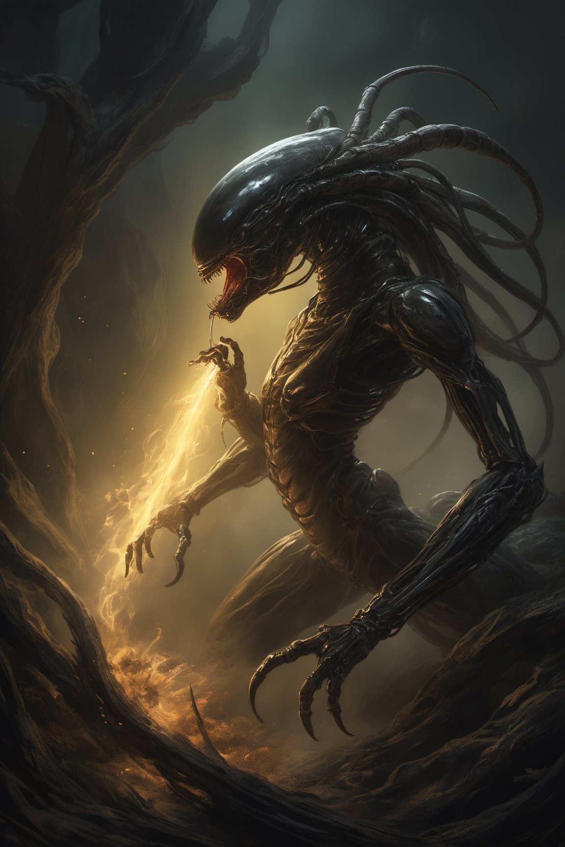 an alien xenomorph Facehugger launches itself at a nearby victim,  black shiny carapace,  with see through to skull by Rav...