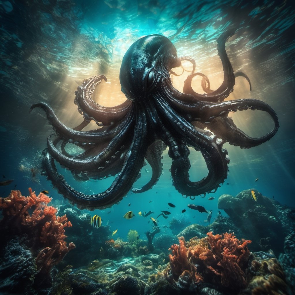 an alien xenomorph launches itself at a nearby giant octopus,  black shiny carapace,  tentacles by Ravishastri on Tensor.Art