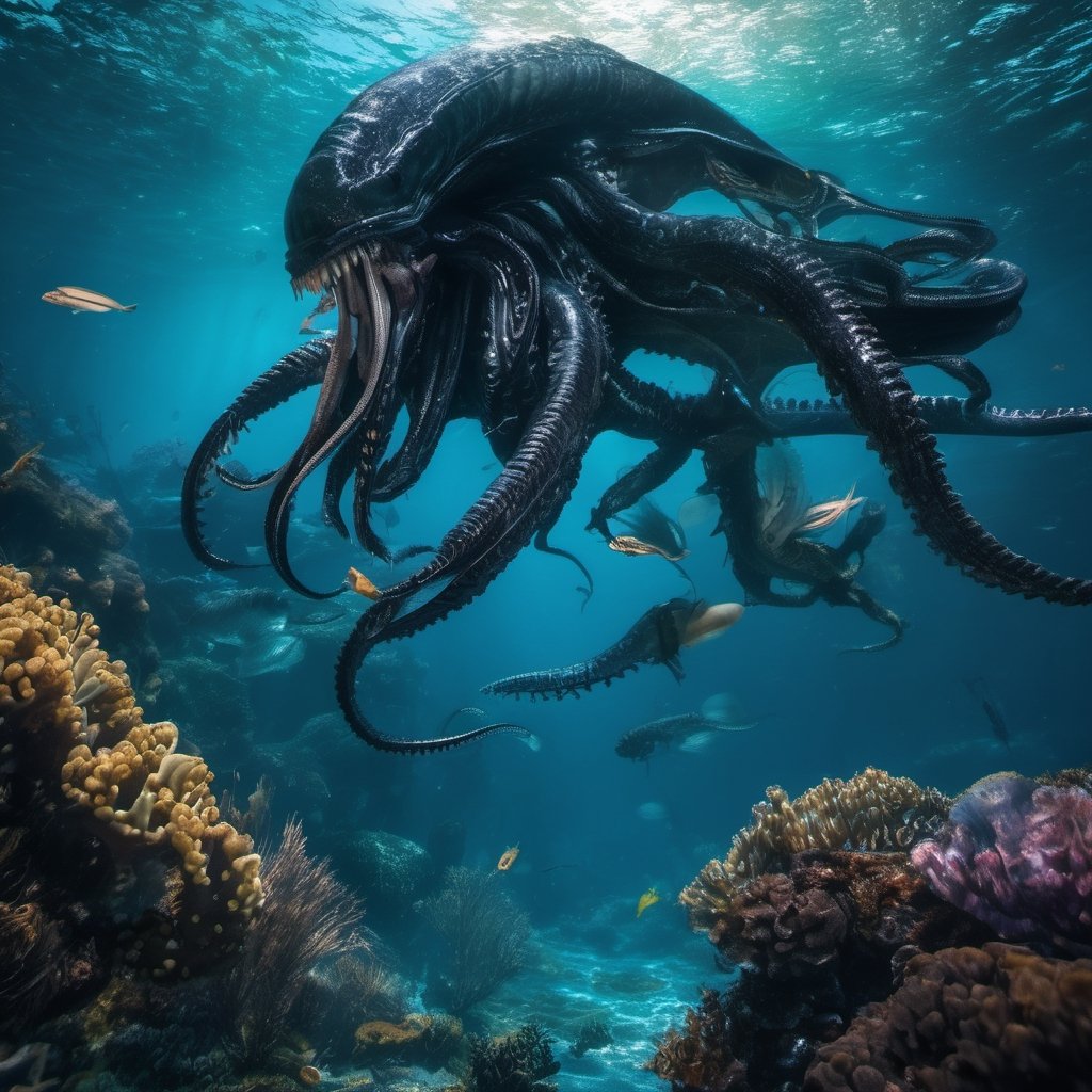 an alien xenomorph launches itself at a nearby giant octopus,  black shiny carapace,  motion blur by Ravishastri on Tensor...