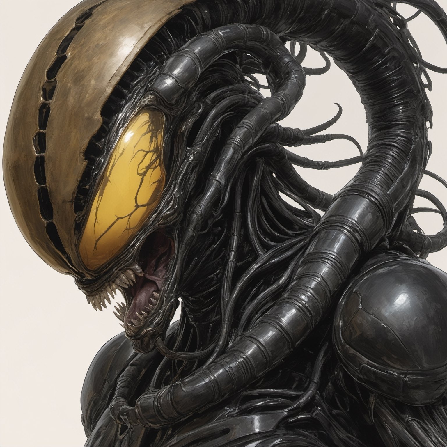 an alien xenomorph Facehugger launches itself at a nearby victim,  black shiny carapace,  with see through to skull by Rav...