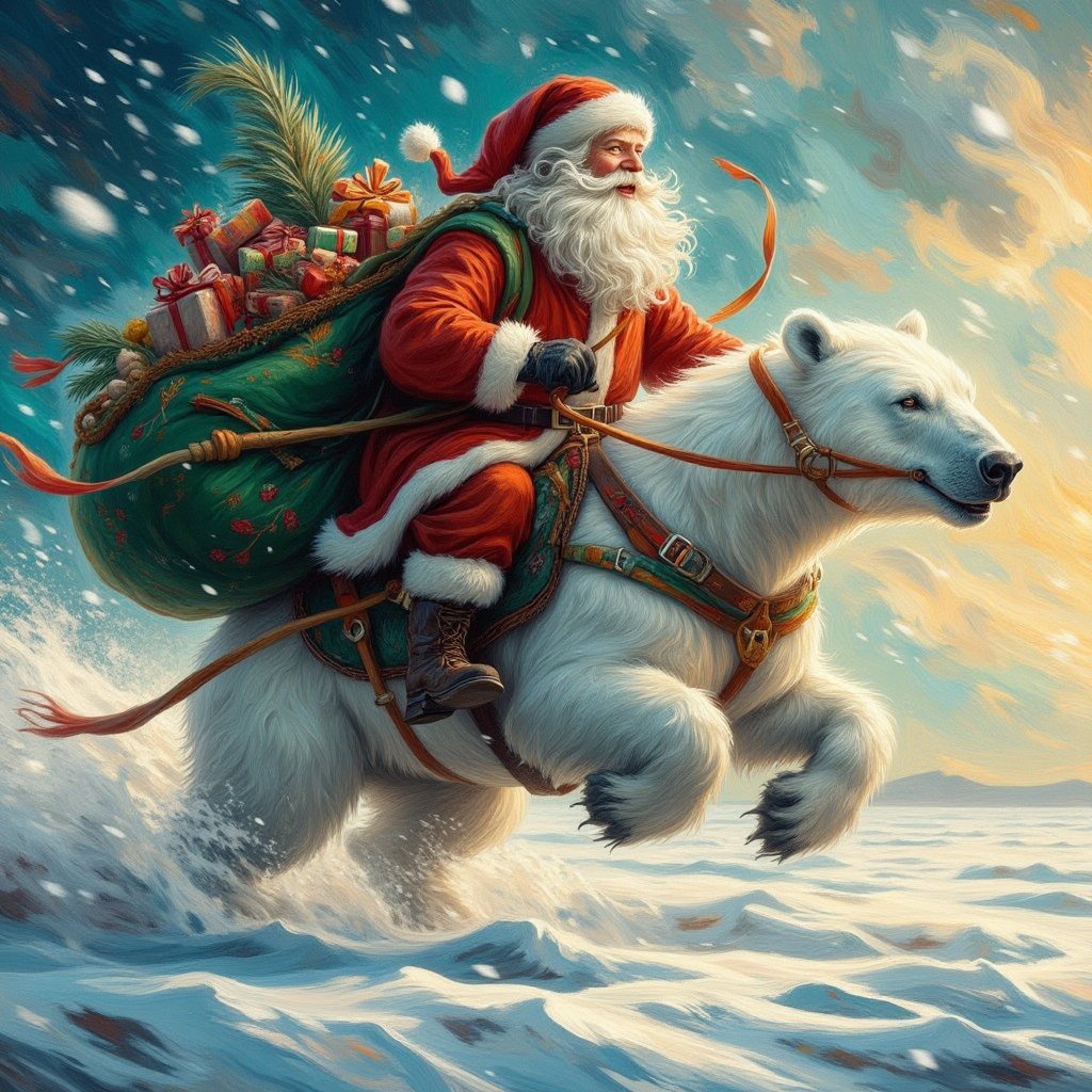 A whirlwind of speed and excitement,  santa sits astride a polar bear as it gallops across the screen,  he laughs with gle...