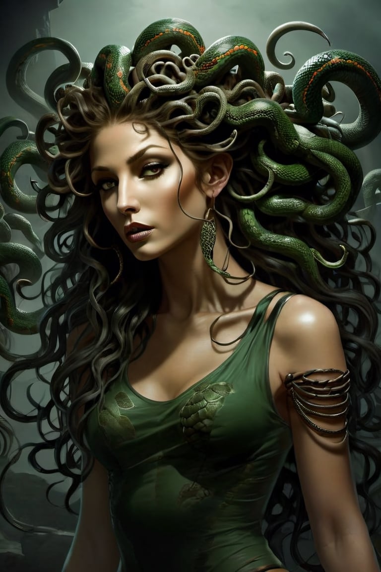 Create a captivating and realistic digital artwork of Medusa, the mythological Gorgon, with her iconic snake hair. Craft a scene that portrays her in all her terrifying beauty, and bring out the intricate details of her serpentine locks. show the terror of snakes as hair by using your artistic talent to capture the essence of this mythical character, making her come to life on the canvas. Let your imagination and creativity run wild in depicting Medusa and her mesmerizing, venomous hair in a way that evokes both fear and fascination,