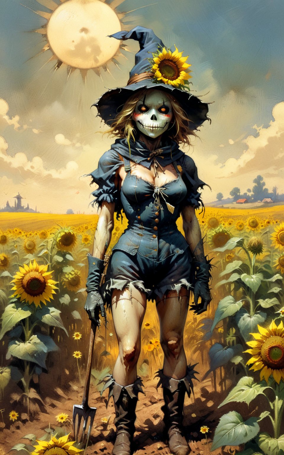 solo focus, hd, 8k, vintage illustration, A vintage-inspired scarecrow standing proudly in a sunflower field, with a worn-out hat and a rusty pitchfork. , masterpiece, award winning illustration by Frank Frazetta, female sexy, armored hooded DarkFantasy, dark atmosphere, advntr,fr4z3tt4 