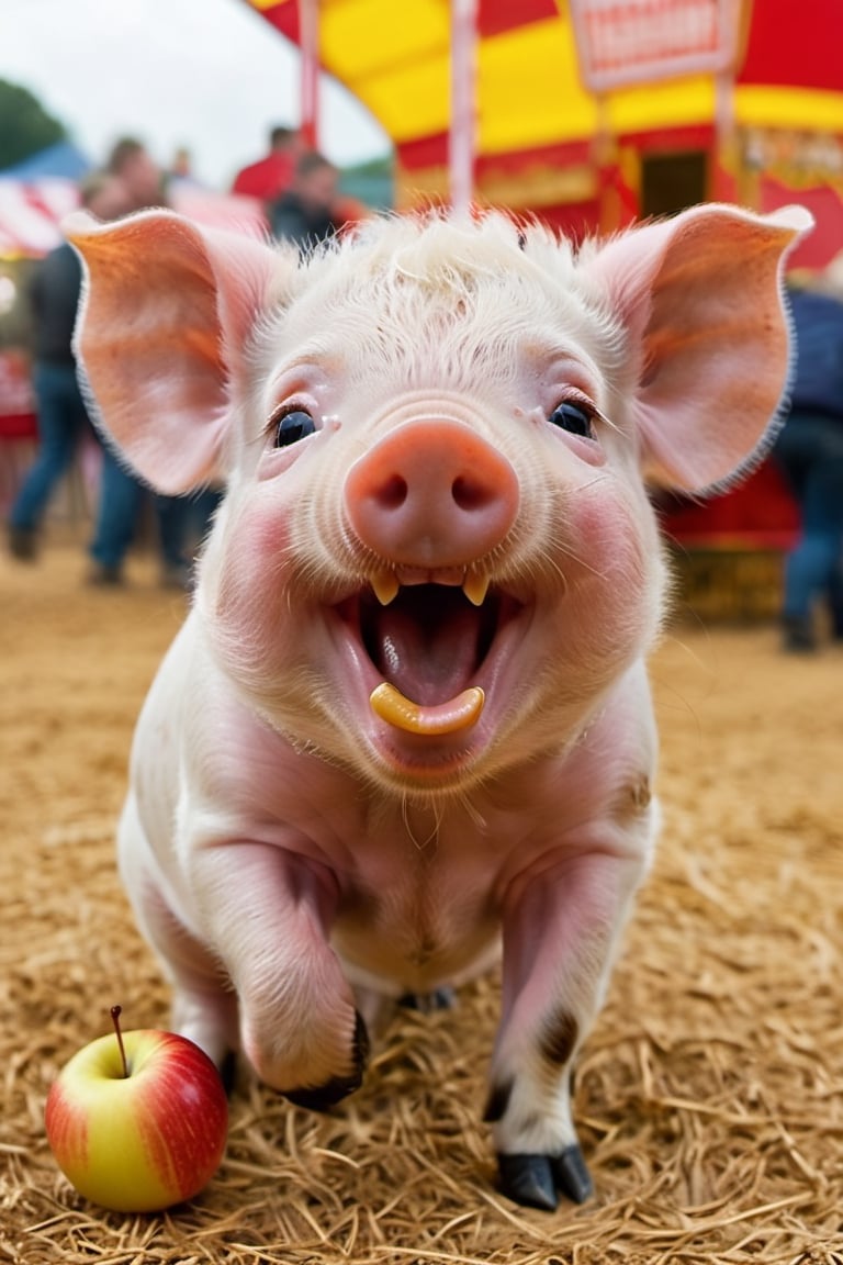 a cute 10 week old piglet,  white,  eating a toffee apple at the fair by Ravishastri on Tensor.Art