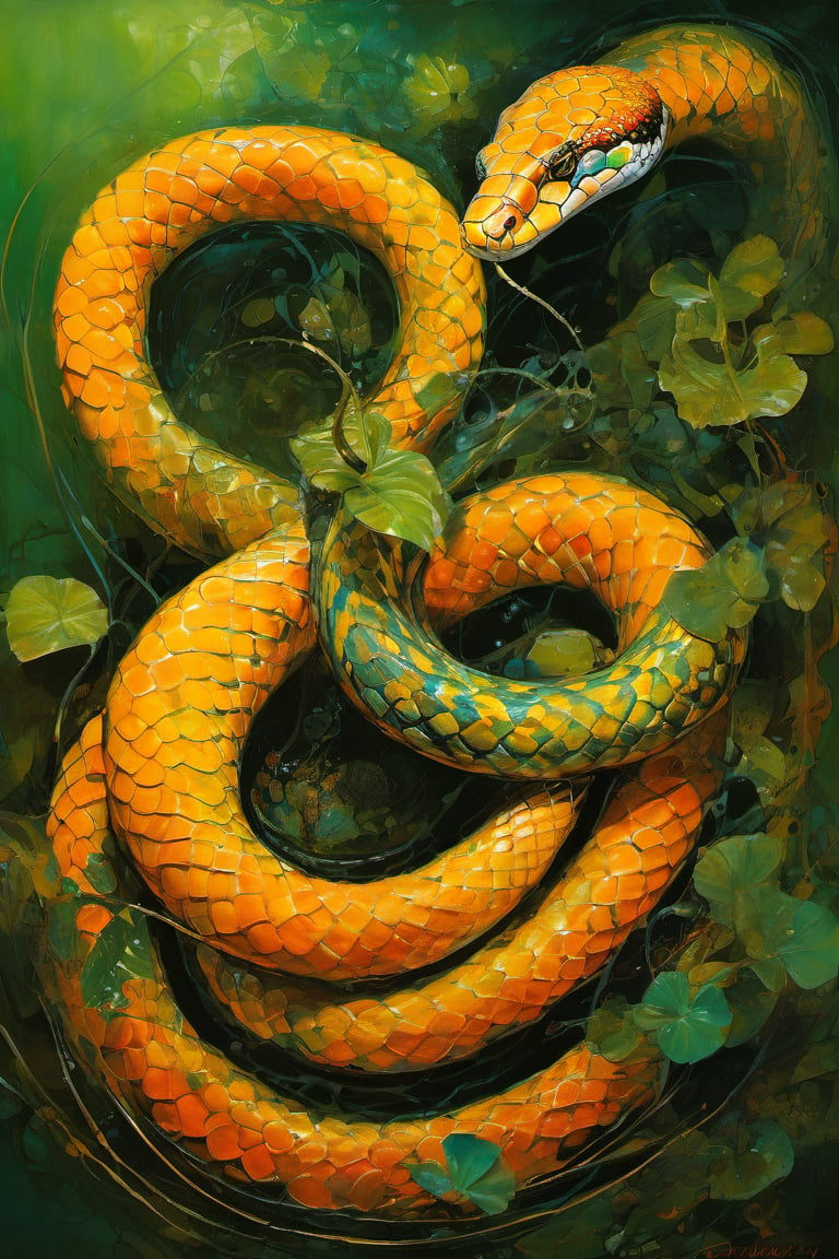  art by simon bisley, art by Brom, art by ralph steadman, art by gustav klimt, a slithering poisonous snake in a tropical jungle, resplendant in colour and intricate detail,  a masterpiece, realistic,  The artwork is a masterpiece, boasting incredible detail and a sense of depth that pulls the viewer in.