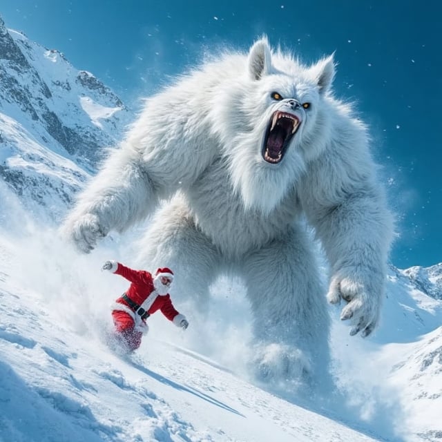 Tracking shot of a panicked santa claus,  fighting a huge snowball monster . In this iconic action scene,  Santa is domina...